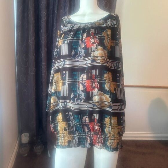 CJ Banks multi-color abstract print smock waist 3/4 sleeve top, size 2X - Picture 1 of 5